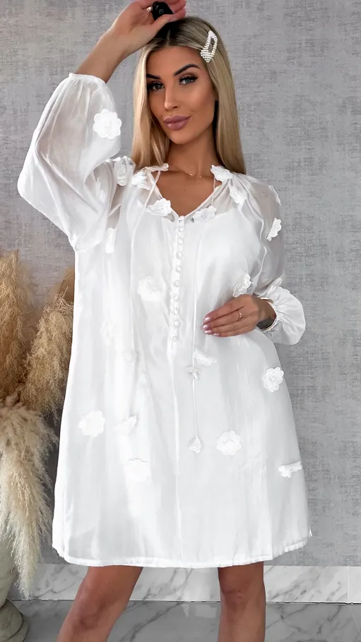 Bawełniana sukienka zdobiona różami ONE SIZE white - R510