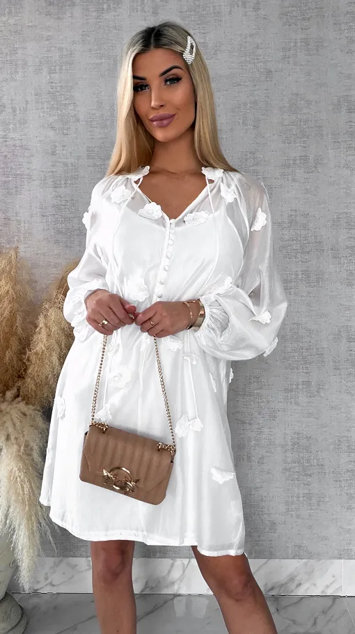 Bawełniana sukienka zdobiona różami ONE SIZE white - R510