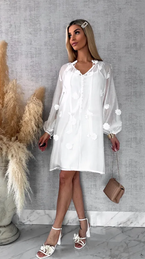 Bawełniana sukienka zdobiona różami ONE SIZE white - R510