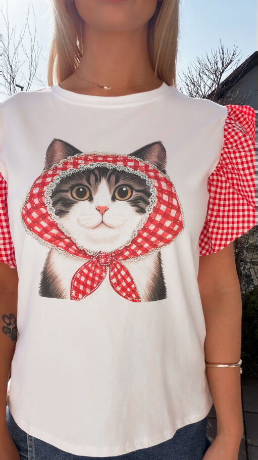 Biała bawełniana bluzka T-SHIRT z kotkiem i czerwoną kratką ONE SIZE - R790A