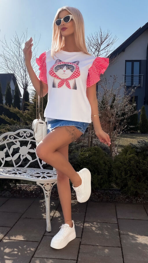 Biała bawełniana bluzka T-SHIRT z kotkiem i czerwoną kratką ONE SIZE - R790A