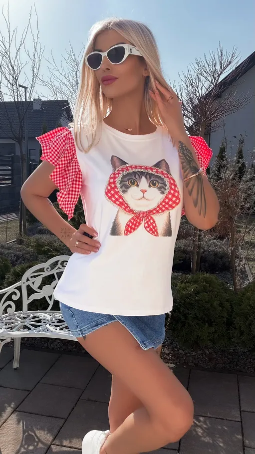 Biała bawełniana bluzka T-SHIRT z kotkiem i czerwoną kratką ONE SIZE - R790A