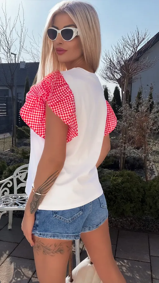 Biała bawełniana bluzka T-SHIRT z kotkiem i czerwoną kratką ONE SIZE - R790A