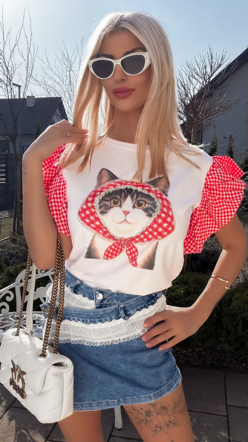 Biała bawełniana bluzka T-SHIRT z kotkiem i czerwoną kratką ONE SIZE - R790A