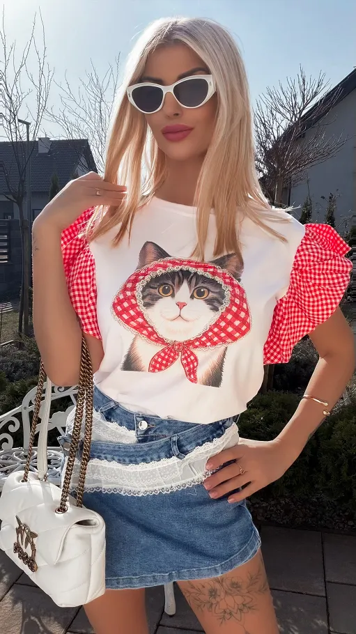 Biała bawełniana bluzka T-SHIRT z kotkiem i czerwoną kratką ONE SIZE - R790A