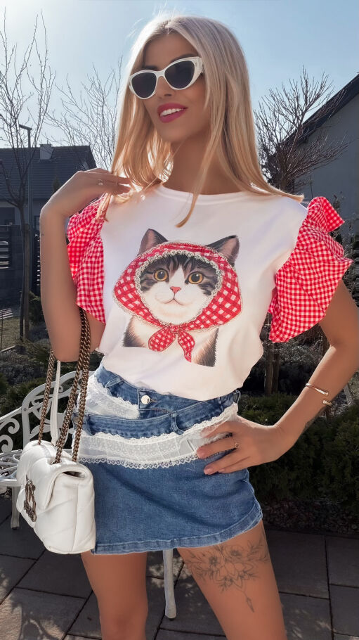 Biała bawełniana bluzka T-SHIRT z kotkiem i czerwoną kratką ONE SIZE - R790A