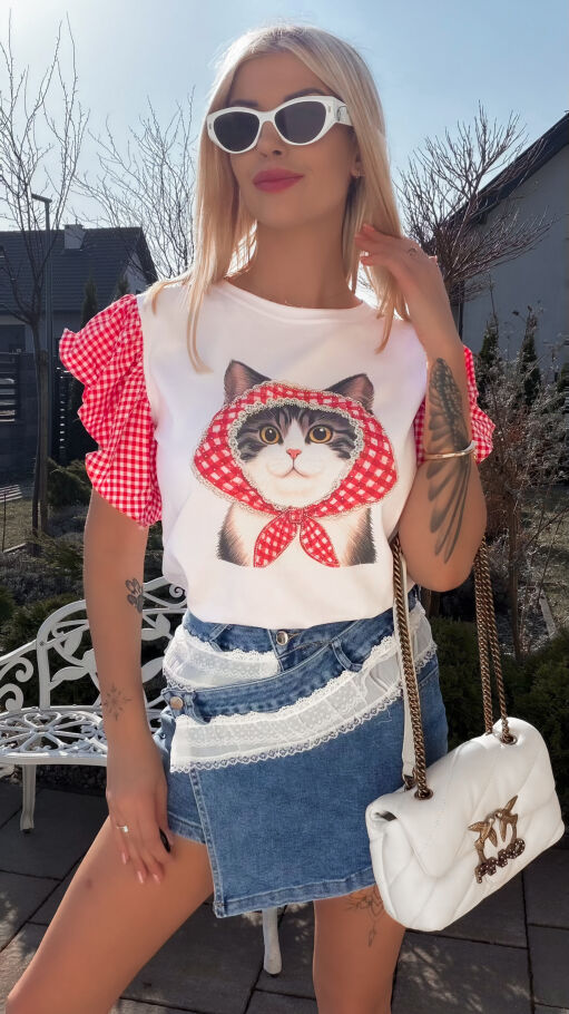 Biała bawełniana bluzka T-SHIRT z kotkiem i czerwoną kratką ONE SIZE - R790A