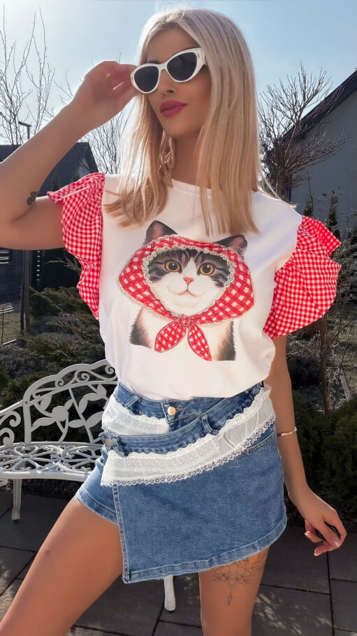 Biała bawełniana bluzka T-SHIRT z kotkiem i czerwoną kratką ONE SIZE - R790A