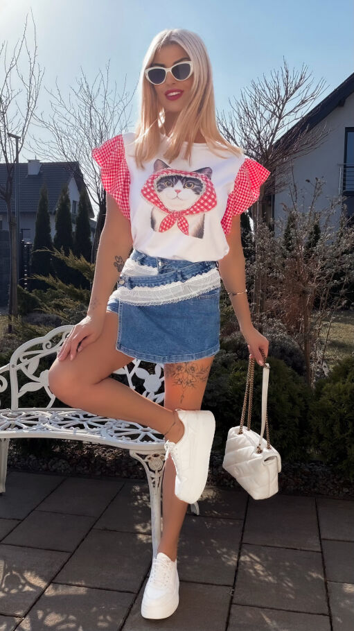 Biała bawełniana bluzka T-SHIRT z kotkiem i czerwoną kratką ONE SIZE - R790A