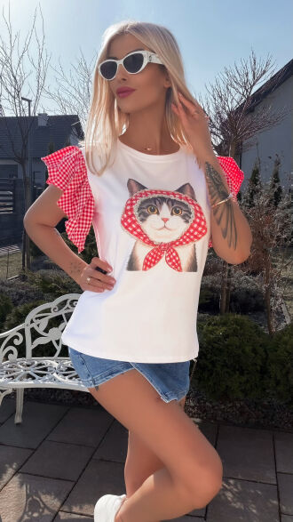 Biała bawełniana bluzka T-SHIRT z kotkiem i czerwoną kratką ONE SIZE - R790A