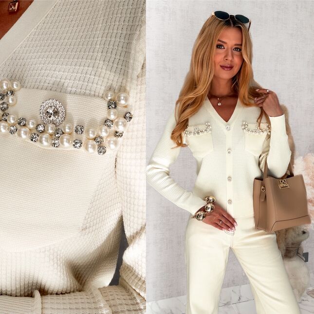 Elegancki sweter zdobiony perłami i cyrkoniami ONE SIZE ecru - S151