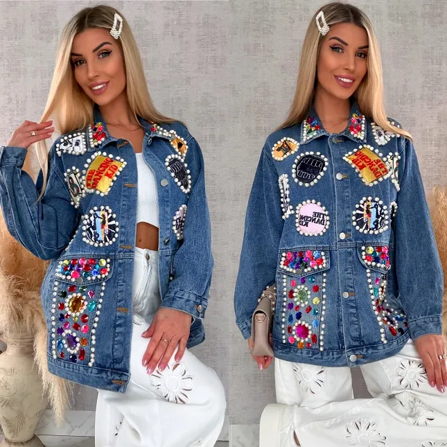 Fantastyczna kurtka jeansowa KATANA z perełkami i naszywkami OVERSIZE - R731