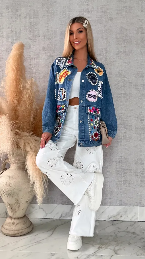 Fantastyczna kurtka jeansowa KATANA z perełkami i naszywkami OVERSIZE - R731