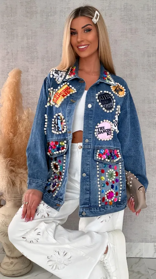 Fantastyczna kurtka jeansowa KATANA z perełkami i naszywkami OVERSIZE - R731