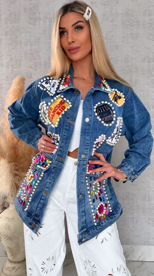 Fantastyczna kurtka jeansowa KATANA z perełkami i naszywkami OVERSIZE - R731