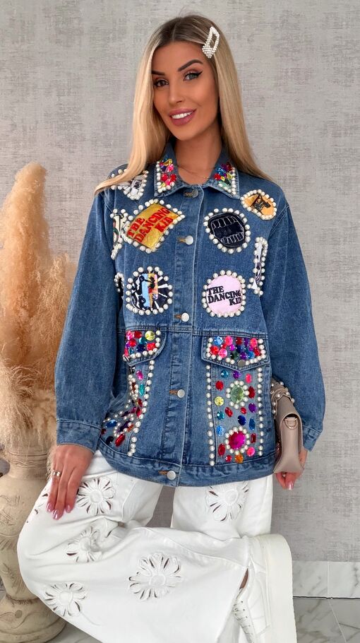 Fantastyczna kurtka jeansowa KATANA z perełkami i naszywkami OVERSIZE - R731
