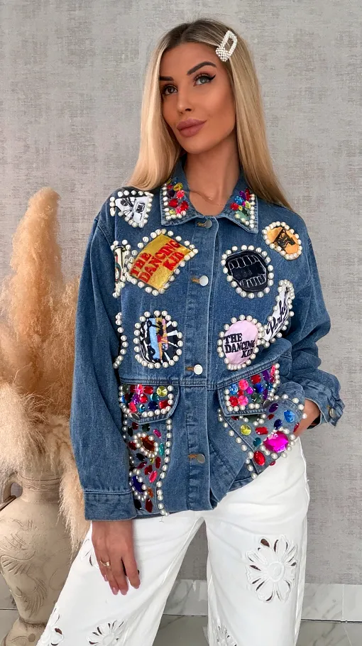 Fantastyczna kurtka jeansowa KATANA z perełkami i naszywkami OVERSIZE - R731