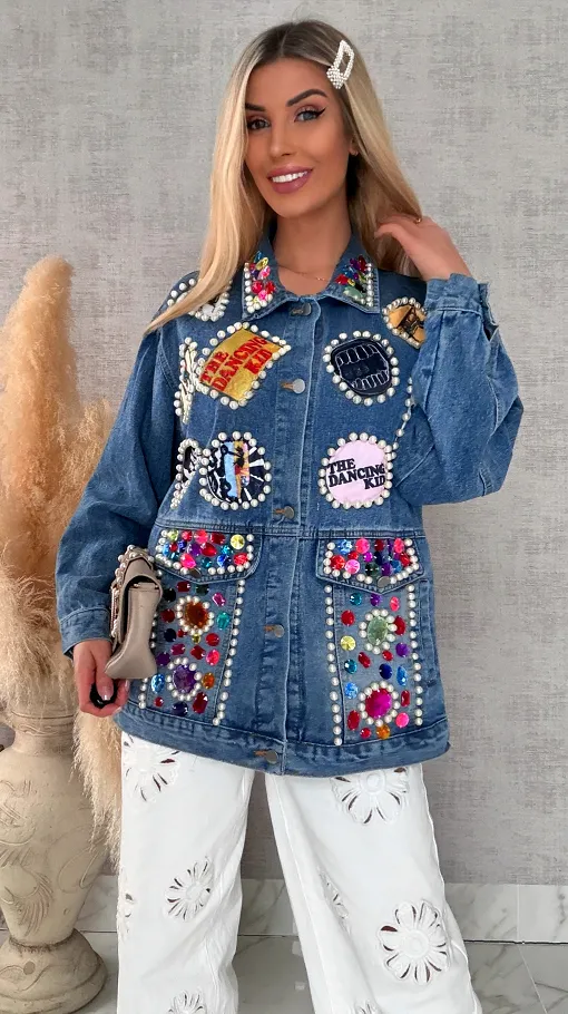 Fantastyczna kurtka jeansowa KATANA z perełkami i naszywkami OVERSIZE - R731