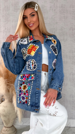 Fantastyczna kurtka jeansowa KATANA z perełkami i naszywkami OVERSIZE - R731