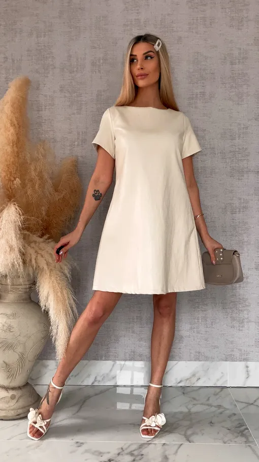 Beżowa sukienka z eko skóry z wiązaniem ONE SIZE - R544