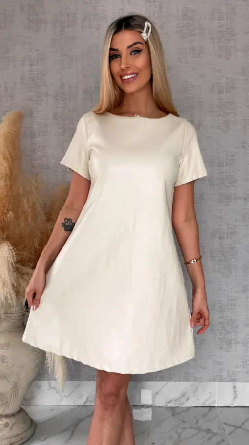 Beżowa sukienka z eko skóry z wiązaniem ONE SIZE - R544