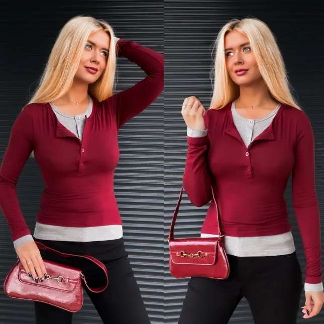 Bawełniana podwójna bluzka BORDO/SZARA one size - R151