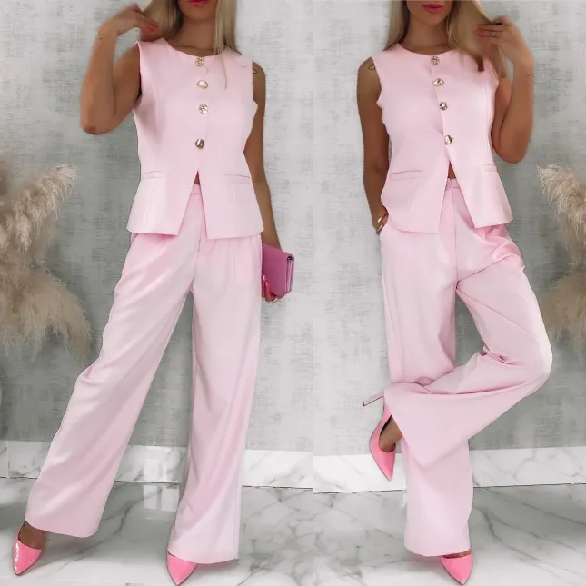 Różowy elegancki komplet na wiosnę kamizelka + spodnie - R836