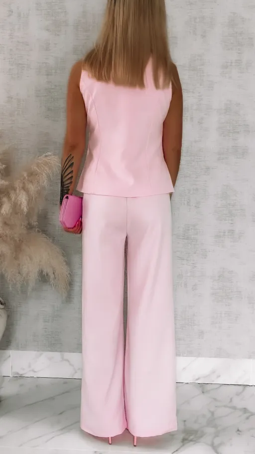 Różowy elegancki komplet na wiosnę kamizelka + spodnie - R836