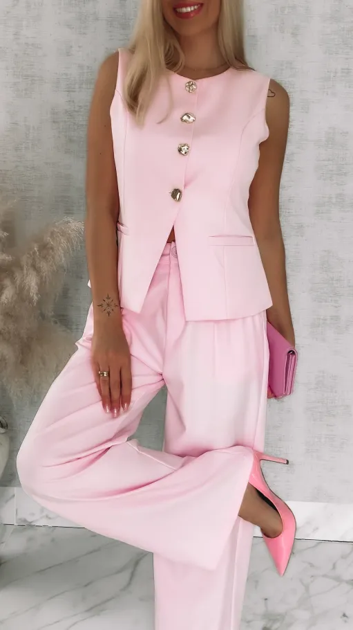 Różowy elegancki komplet na wiosnę kamizelka + spodnie - R836