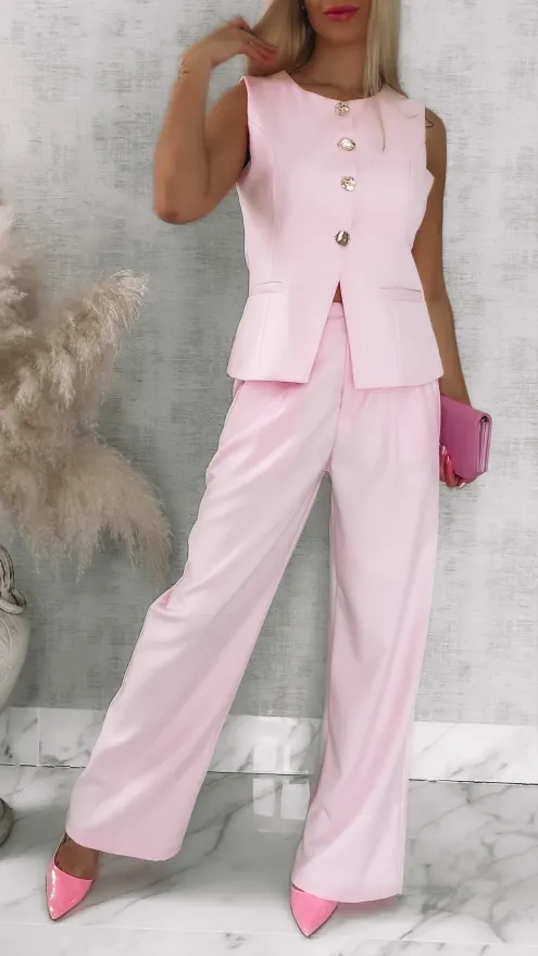 Różowy elegancki komplet na wiosnę kamizelka + spodnie - R836