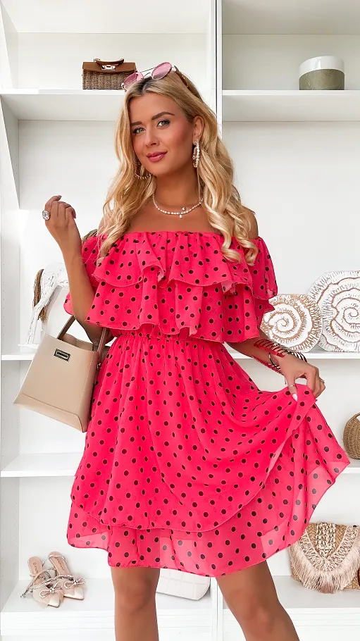 Cudowna koralowa sukienka hiszpanka w grochy ONE SIZE - P849B