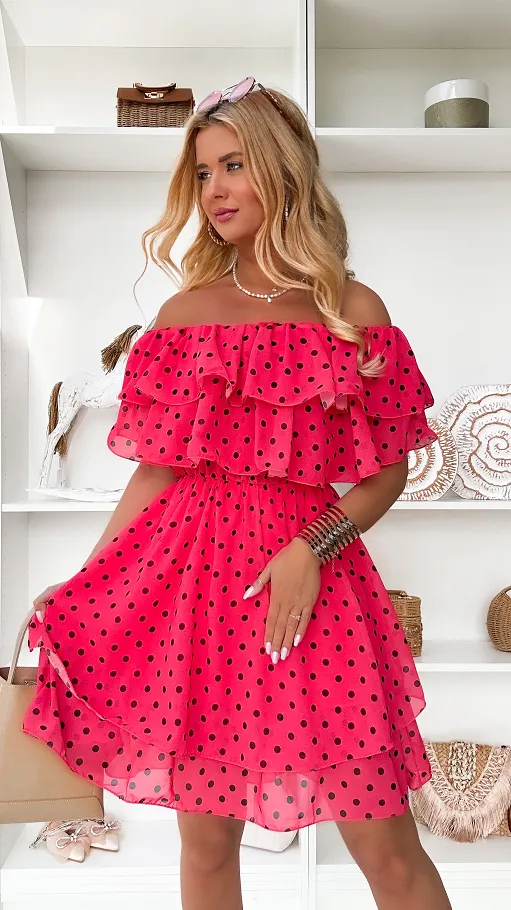 Cudowna koralowa sukienka hiszpanka w grochy ONE SIZE - P849B