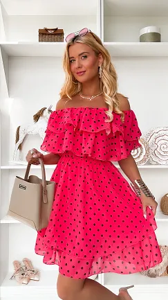 Cudowna koralowa sukienka hiszpanka w grochy ONE SIZE - P849B