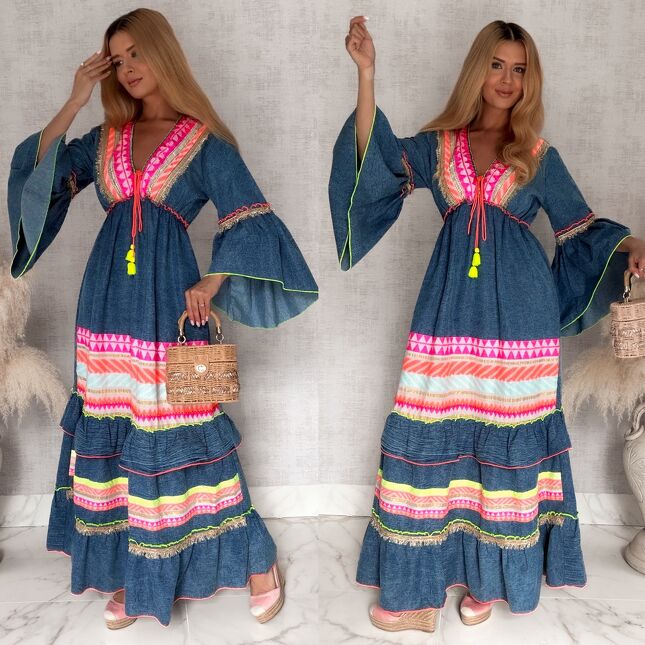 Bawełniana jeansowa MAXI sukienka z neonowymi wstawkami BLUE JEANS - S172