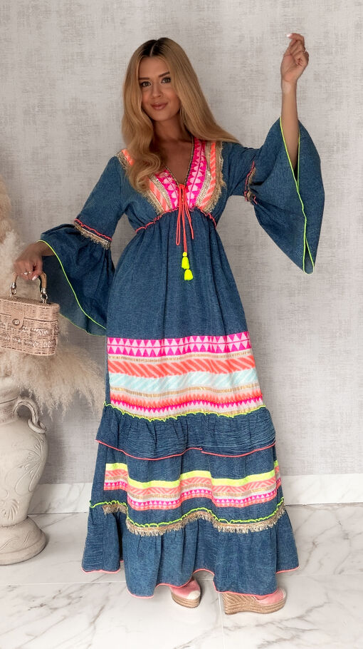 Bawełniana jeansowa MAXI sukienka z neonowymi wstawkami BLUE JEANS - S172