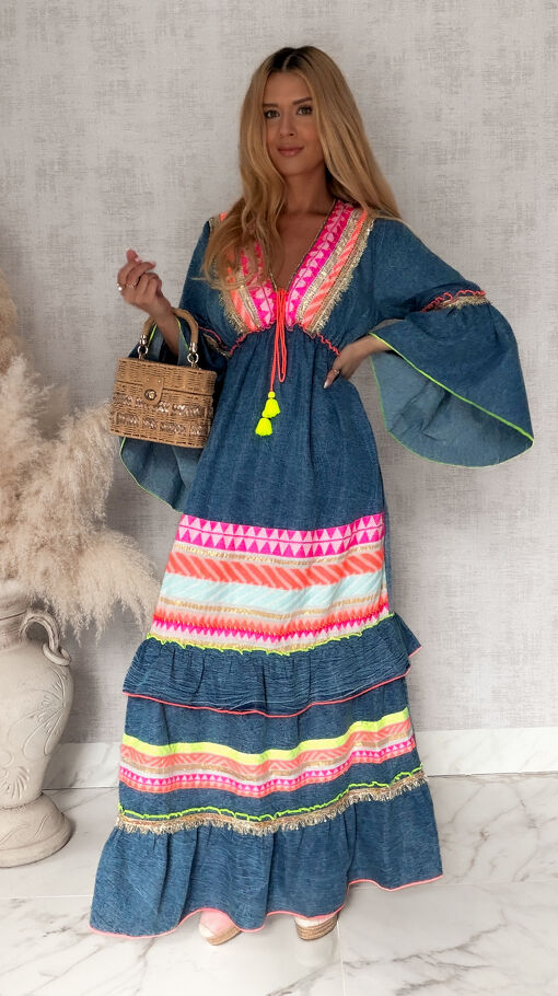 Bawełniana jeansowa MAXI sukienka z neonowymi wstawkami BLUE JEANS - S172
