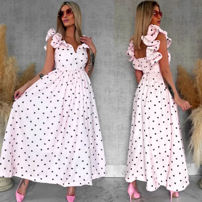 Pastelowa MAXI sukienka w serduszka bawełna + len - R767