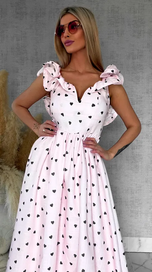 Pastelowa MAXI sukienka w serduszka bawełna + len - R767