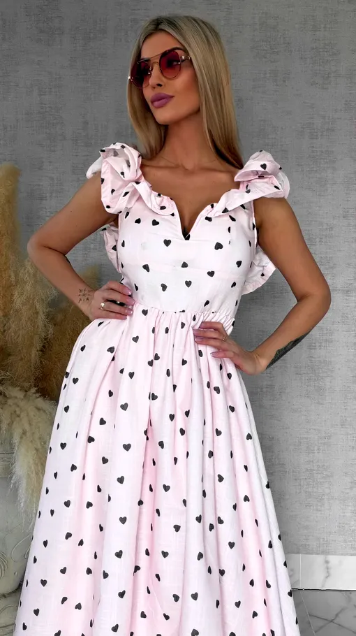 Pastelowa MAXI sukienka w serduszka bawełna + len - R767