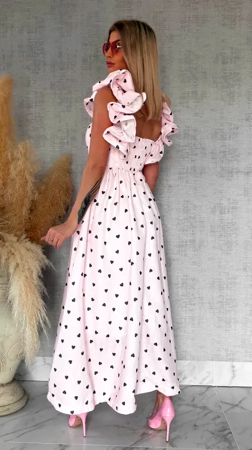 Pastelowa MAXI sukienka w serduszka bawełna + len - R767