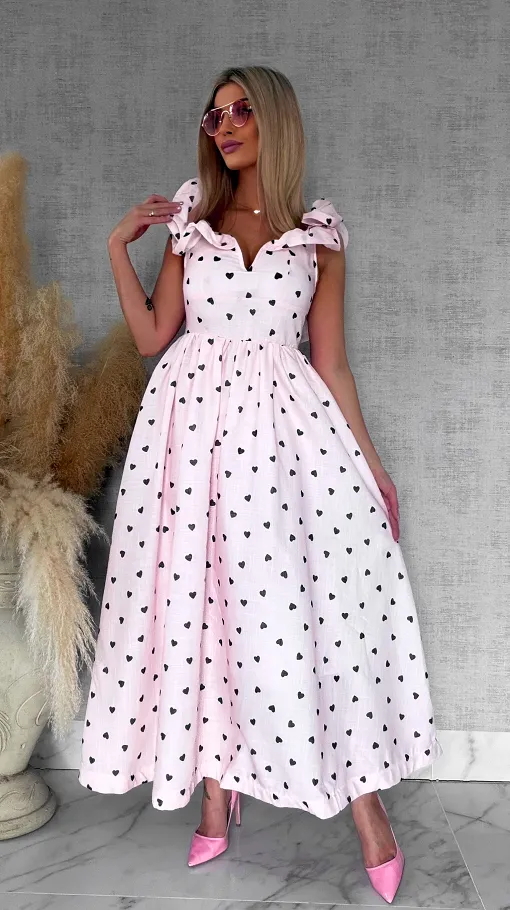 Pastelowa MAXI sukienka w serduszka bawełna + len - R767