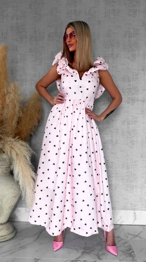 Pastelowa MAXI sukienka w serduszka bawełna + len - R767