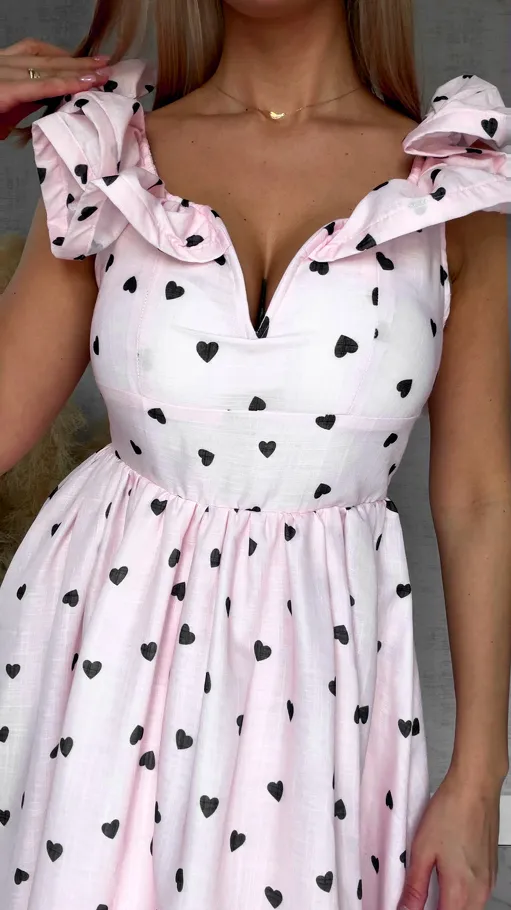 Pastelowa MAXI sukienka w serduszka bawełna + len - R767