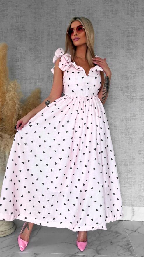 Pastelowa MAXI sukienka w serduszka bawełna + len - R767