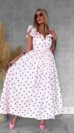 Pastelowa MAXI sukienka w serduszka bawełna + len - R767