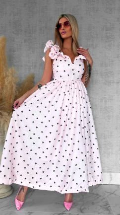 Pastelowa MAXI sukienka w serduszka bawełna + len - R767