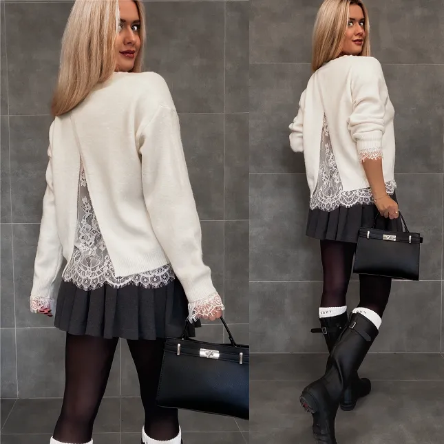 Elegancki sweter ECRU z koronką ONE SIZE - R338A