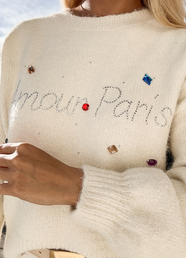 Cudowny jasny sweter AMOUR PARIS złote kamyczki - M637