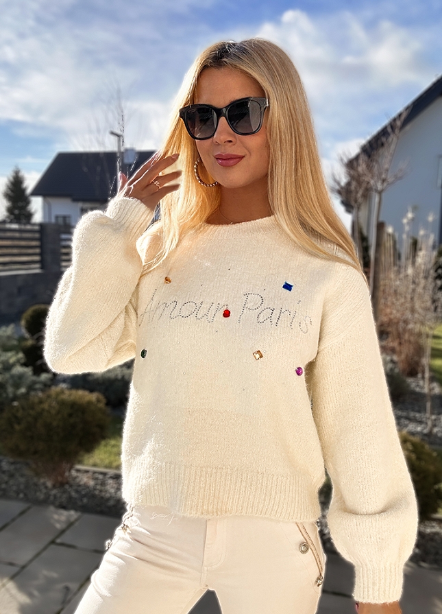 Cudowny jasny sweter AMOUR PARIS złote kamyczki - M637