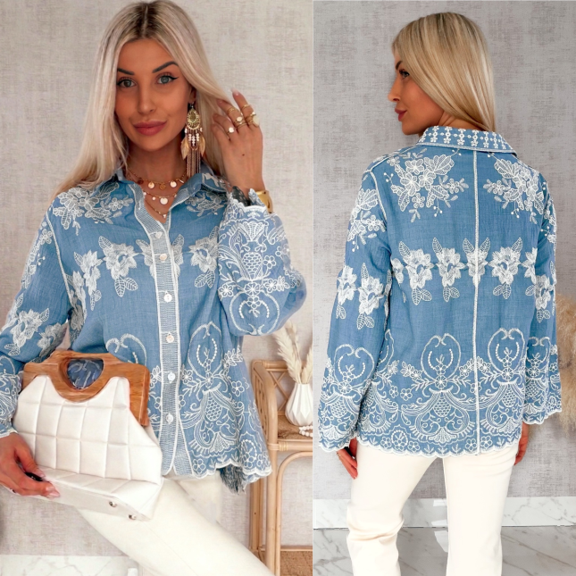 Miękka bawełniana koszula jeansowa w jasne hafty ONE SIZE - R932